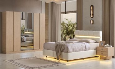 MDF Motto Yatak Odası Takımı | İskandinav Stil, LED Işıklı Başlık ve Ahşap/Aynalı Gardırop