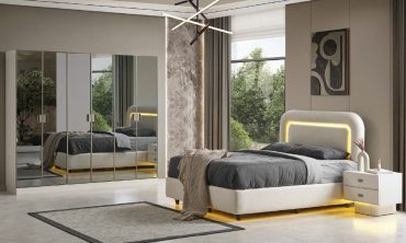 MDF Perla Yatak Odası Takımı | Lüks Parlak Lake, LED Işıklı Başlık ve Geniş Aynalı Gardırop