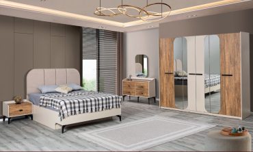 MDF Plus Yatak Odası Takımı Bazalı | İskandinav Stil, Kavisli Başlık ve Ahşap/Aynalı Gardırop
