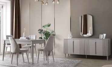 MDF Salda Yemek Odası Takımı (Sandalyesiz) | Modern Gri Lake, Flüt Desenli Konsol ve Köşe Yuvarlak Masa