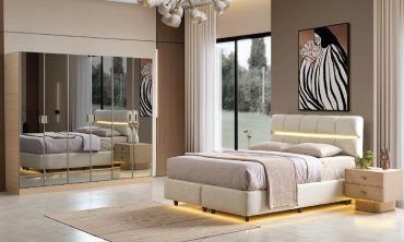 MDF Savana Yatak Odası Takımı | Modern Meşe Ahşap, LED Işıklı Başlık ve Geniş Aynalı Gardırop