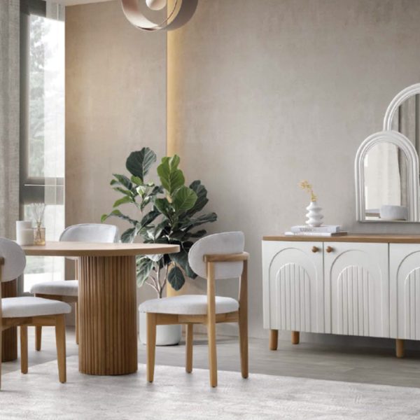 MDF Seyhan Yemek Odası Takımı (Sandalyesiz) | Yuvarlak Masa, Flüt Ayak ve Kemer Desenli Konsol