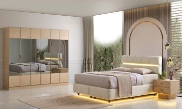 MDF Soho Yatak Odası Takımı | İskandinav Stil, LED Işıklı Başlık ve Ahşap/Aynalı Gardırop