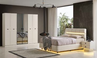 MDF Talin Yatak Odası Takımı | Modern Oval Çerçeveli Gardırop, LED Işıklı Başlık ve Lake Stil