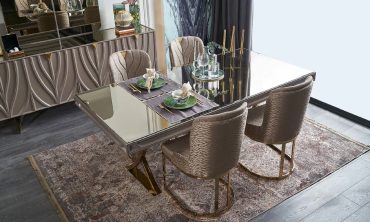 MDF Vals Yemek Odası Takımı | Lüks Modern, Gold Aynalı Masa ve Dalgalı Desenli Konsol
