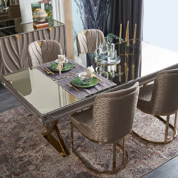 MDF Vals Yemek Odası Takımı | Lüks Modern, Gold Aynalı Masa ve Dalgalı Desenli Konsol