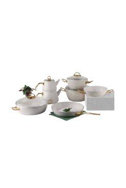 First Class Lines 11 Parça Tencere Seti Beyaz - Dikey Çizgili Tasarım, Gold Kulplu, Granit/Seramik Kaplama, İndüksiyon Uyumlu