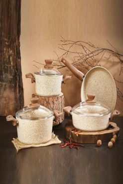 First Class Granit 7 Parça Tencere Seti Cappuccino - Yanmaz Yapışmaz, Ahşap Görünümlü Kulp, İndüksiyon Uyumlu