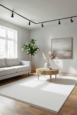 DREAM 4004 Beyaz Halı - Saf Beyaz/Krem Tonu, Minimalist Doku, Kısa Püsküllü, Modern Salon Halısı