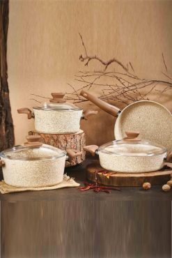 First Class Granit 7 Parça Tencere Seti Cappuccino - Yanmaz Yapışmaz, Ahşap Görünümlü Kulp, İndüksiyon Uyumlu, PFOA'sız