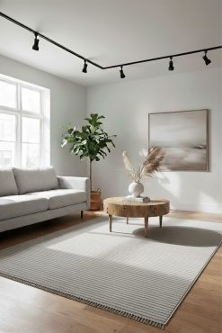 LUNA 8255 L Halı - Çizgili Dokuma, Açık Gri Melanj, Minimalist Tasarım, Kısa Püsküllü Salon Halısı