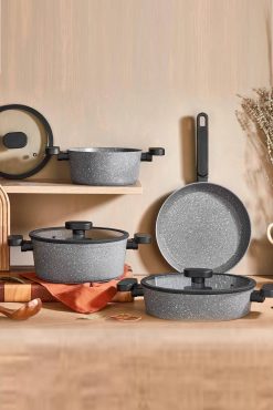 First Class 7 Parça Premium Granit Tencere Seti Gri - Yanmaz Yapışmaz, PFOA'sız, İndüksiyon Uyumlu, Siyah Kulplu