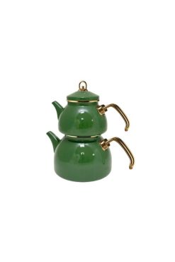 LUX Serisi Yeşil Emaye Çaydanlık Takımı | Altın Rengi Ergonomik Saplı