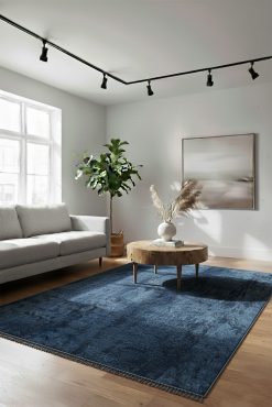 PICASSO 1005 Koyu Mavi Halı - Eskitme/Vintage Desenli, Minimalist Salon Halısı, Kısa Saçaklı