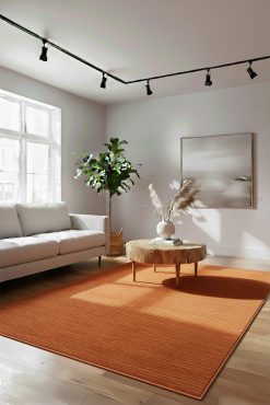 Luna 8250 L Modern Dokuma Halı Canlı Turuncu Toprak Tonları İnce Çizgili Saçaklı Dekoratif Salon Halısı