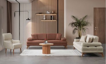 Eliza Koltuk Takımı 3+3+1 - Kollarda Entegre Ahşap Tepsi Detaylı, Yüksek Ayaklı, Yataklı Modern Set