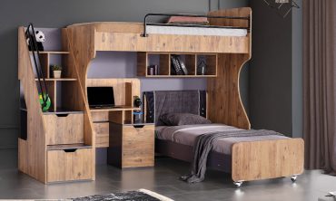 Kanton Çalışma Masalı Ranza Seti - Merdivenli Dolaplı, Depolamalı, Genç Odası İçin 3'ü 1 Arada Yüksek Yatak