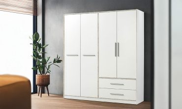 Kristal 4 Kapılı Gardırop - 2 Çekmeceli, Çift Askılıklı, Bol Raflı, Beyaz ve Ahşap Çerçeve Detaylı Geniş Gardırop