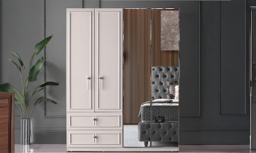 Mabel 4 Kapılı Aynalı Gardırop - 2 Çekmeceli, Country Tarzı, Beyaz/Ekru, Geniş Hacimli Gardırop