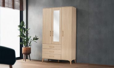 Mocca 3 Kapılı Aynalı Gardırop - 3 Çekmeceli, İskandinav Tarzı, Açık Meşe Desenli, Ayaklı Gardırop