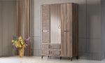 Moi 3 Kapılı Aynalı Gardırop - Panjur/Jaluzi Kapak Detaylı, 2 Çekmeceli, Rustik Ceviz Desenli Yatak Odası Dolabı
