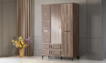 Moi 3 Kapılı Aynalı Gardırop - Panjur/Jaluzi Kapak Detaylı, 2 Çekmeceli, Rustik Ceviz Desenli Yatak Odası Dolabı