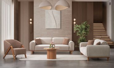 Pamir Koltuk Takımı 3+3+1 - Yuvarlak Hatlı Boucle Kumaş, Kontrast Biye Detaylı, Yüksek Ayaklı, Yataklı