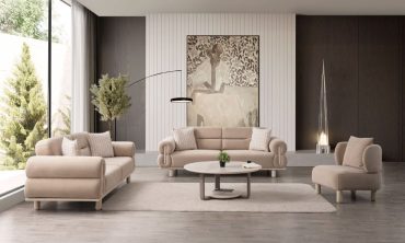 Ronda Koltuk Takımı 3+3+1 - Yuvarlak Kollu Modern Tasarım, Ahşap Detaylı, Yumuşak Kumaş Döşeme, Yataklı