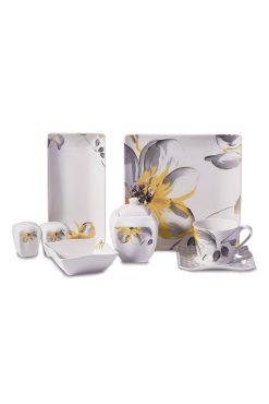 Korkmaz A8571 Link Collection 28 Parça Kahvaltı Takımı - 6 Kişilik, Sarı-Gri Çiçekli, Kare Porselen Set