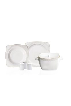Korkmaz A8451 Bone Sel 60 Parça Kare Yemek Takımı - 12 Kişilik, Fine Bone China Porselen, Altın Detaylı ve Dantel Desenli Lüks Sofra Seti