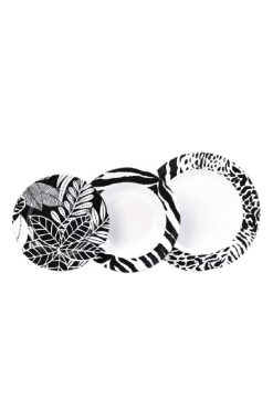 Korkmaz A8987 Natura Collection 24 Parça Yemek Takımı - 6 Kişilik, Yuvarlak Formlu, Siyah-Beyaz Egzotik Desenli Porselen Set