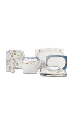 Korkmaz A8454 Bone Selection 60 Parça Yemek Takımı - 12 Kişilik, Kare Tasarım, Altın ve Mavi Detaylı Lüks Bone Porselen Set