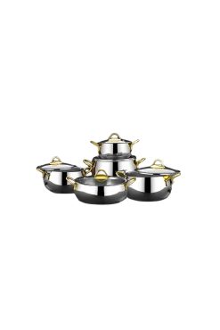 First Class Delux Gold 6 Parça Çelik Güveç Tencere Seti - Paslanmaz Çelik, Isıya Dayanıklı Cam Kapaklı, Altın Detaylı Lüks Pişirme Seti