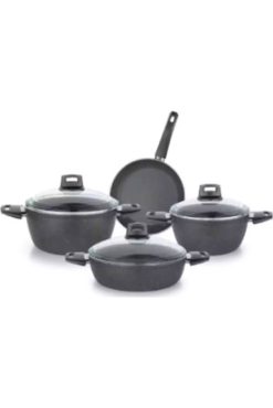 First Class 7 Parça Granit Tencere Seti - Yapışmaz Volkanit Kaplama, Isıya Dayanıklı Cam Kapaklı, Siyah Mutfak Pişirme Grubu