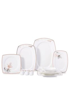 Korkmaz A8093 Zena Collection 60 Parça Yemek Takımı - 12 Kişilik, Kare Formlu, Gold Detaylı Bone Porselen Lüks Set