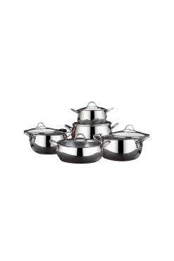 First Class 10 Parça Platin Çelik Güveç Tencere Seti - Paslanmaz Çelik, Cam Kapaklı, Modern Pişirme Seti