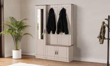 Bodrum Portmanto - Aynalı, Askılıklı ve Ayakkabılıklı, Modern Giriş Holü Dolabı, Bej/Vizon ve Ahşap Detaylı