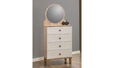 Bohem Minimal Şifonyer | Yuvarlak Aynalı 4 Çekmeceli Ahşap Detaylı Modern Komodin Ünitesi