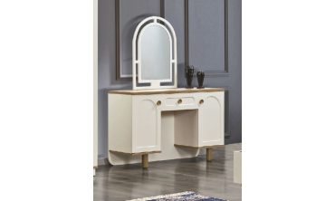 Buse Kemerli Aynalı Şifonyer | Krem Renkli Retro Tarz Makyaj Masası ve İki Çekmeceli Konsol