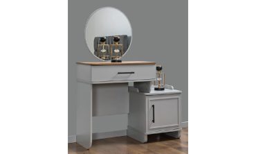 Duru Modern Gri Şifonyer | Yuvarlak Aynalı Makyaj Masası ve Kapaklı Depolama Ünitesi