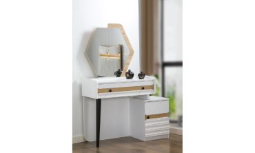 Ece Modern Beyaz Şifonyer | Geometrik Aynalı Makyaj Masası ve 3 Çekmeceli Komodin