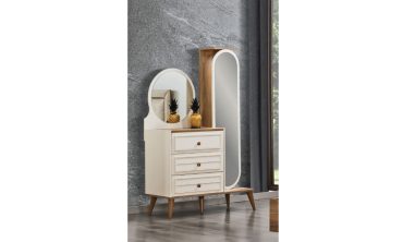 Esin Modern Şifonyer | Boy ve Yuvarlak Aynalı 3 Çekmeceli Naturel Ahşap ve Krem Rengi Komodin