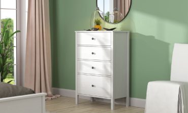 Helen Dikey Şifonyer - 4 Çekmeceli, Modern Beyaz, Siyah Yuvarlak Kulplu, Kompakt Tasarım