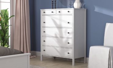 Helen Dikey Şifonyer - 6 Çekmeceli, Modern Beyaz, Siyah Yuvarlak Kulplu