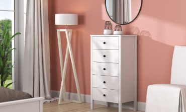 Helen Şifonyer - 5 Çekmeceli, Modern Beyaz, Siyah Yuvarlak Kulplu, Yüksek Ayaklı