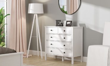 Helen Şifonyer - 5 Çekmeceli, Modern Beyaz, Siyah Yuvarlak Kulplu, Yüksek Ayaklı