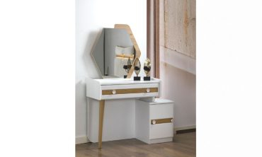 İpek Modern Beyaz Şifonyer | Geometrik Aynalı Makyaj Masası ve 3 Çekmeceli Ahşap Detaylı Komodin