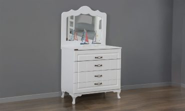 Kupon Klasik Beyaz Şifonyer | Oymalı Aynalı 4 Çekmeceli Lake Görünümlü Komodin