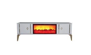 Berlin 160 cm Şömineli TV Ünitesi & Konsol - Beyaz Lake Görünümlü, Elektrikli Şömineli, Gold Şeritli ve Dikey Kanallı Modern Lüks Ünite