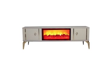 Beyoğlu 160 cm Şömineli TV Ünitesi & Konsol - Kum Beji Gövdeli, Elektrikli Şömineli, Lüks Gold Şeritli ve Dikey Kanallı Modern Tasarım
